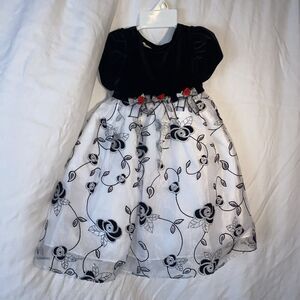 Marmellata Girls Party Dress White Chiffon Black Velvet Floral Holiday Glitter